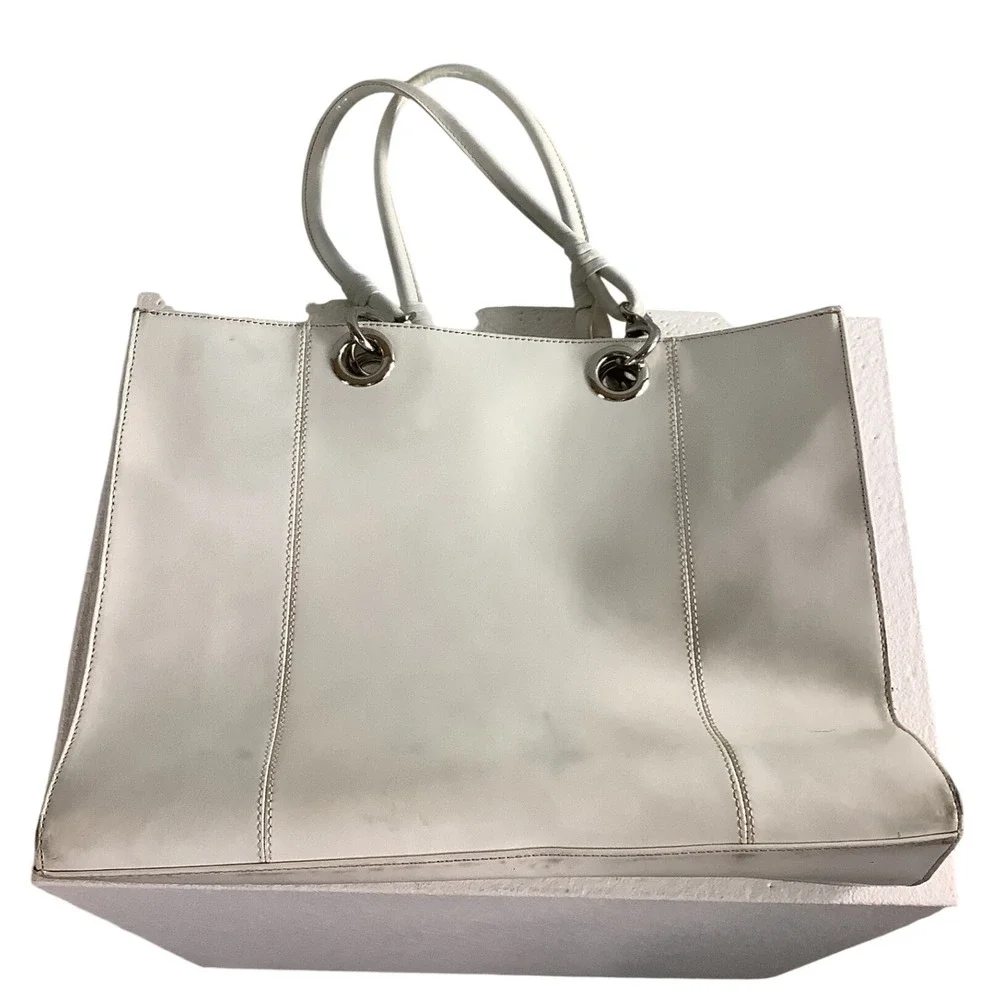 Wilsons Leather White Tote Bag Silver Grommet Leopard Print Lining Large Handbag